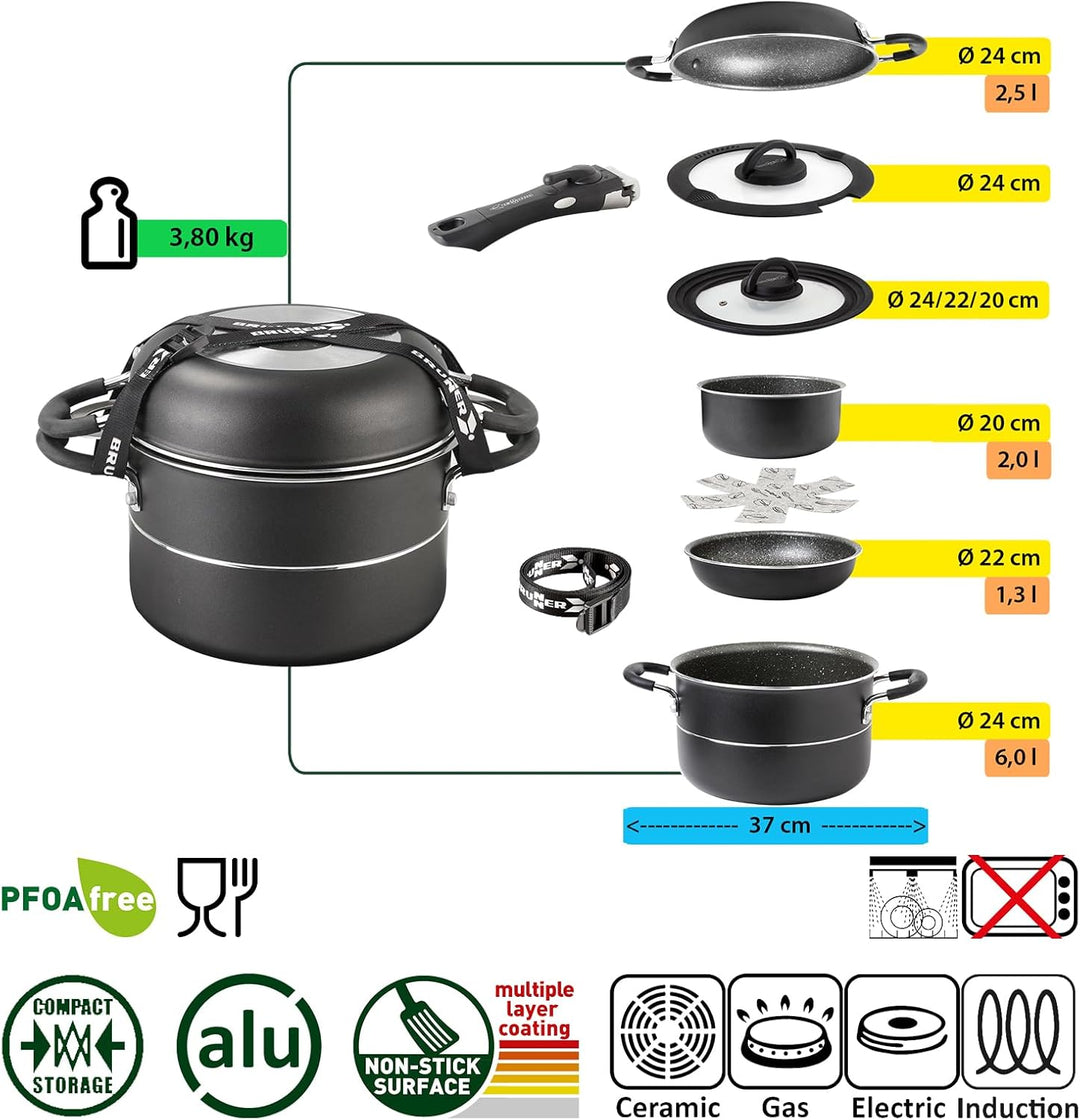 BRUNNER Camping Kochgeschirr-Set Alu (Töpfe und Pfannen) - ø 20, 22 oder 24-cm Pirate Vakublock - 4