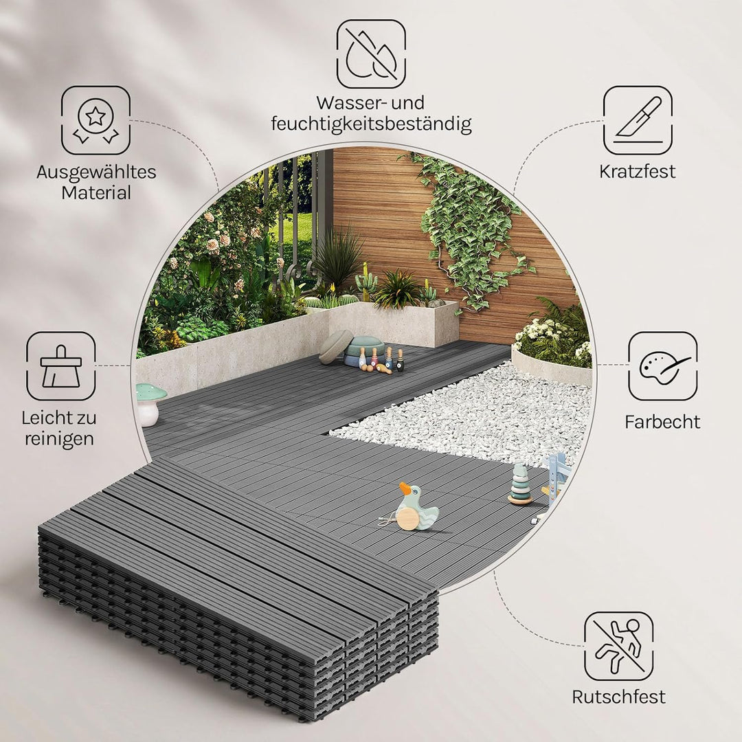 WOLTU WPC Fliese, Terrassenfliesen Holz-Optik, Bodenbelag mit Klicksystem, 30 x 60 cm, Hellgrau (12