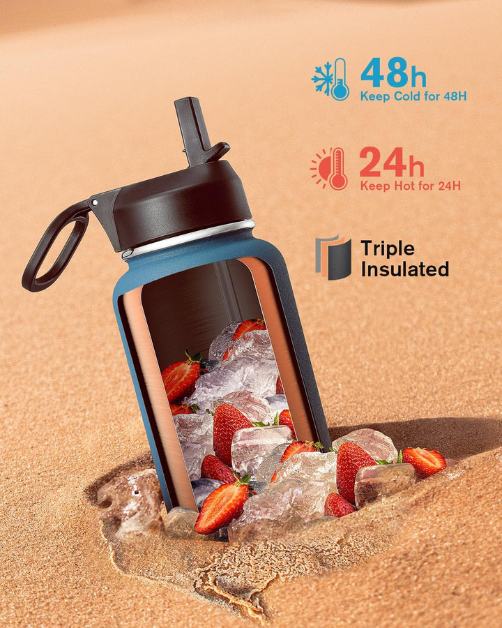 Coolflask 1180ml Isolierte Wasserflasche mit Strohhalm & 3 Deckeln, Metall-Wasserflasche für Sport o
