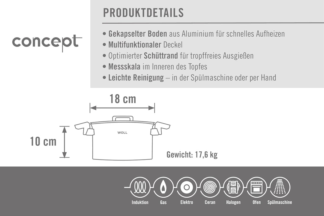 Woll Concept Kochtopf mit Deckel - Induktiv -, Ø 18 cm, 10 cm hoch, 2,5l - Geeignet für alle Herdart