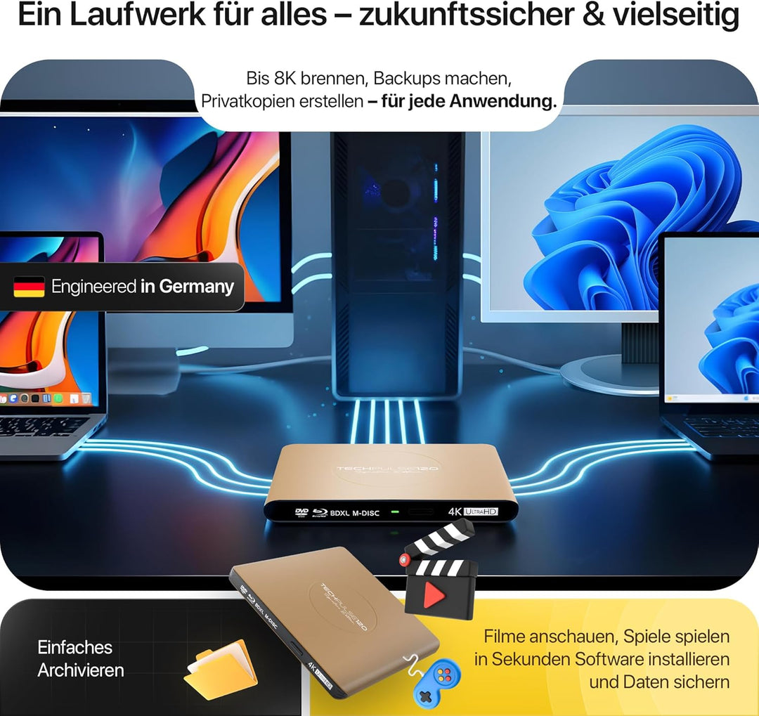 techPulse120 Externes UHD 4k 3D M-Disc BDXL USB 3.0 USB-C Laufwerk Blu-ray Brenner Burner Superdrive