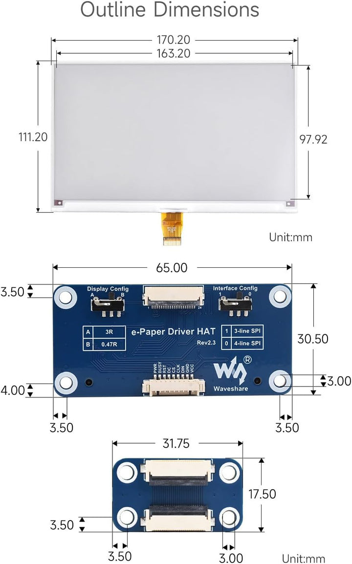 Waveshare 7.5inch E-Paper Display HAT (B) Module 800x480 Resolution 3.3v E-Ink Electronic Screen SPI