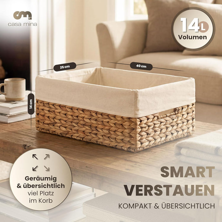 Casa Mina Korb Aufbewahrung L40xW25xH14cm 100% natürlich aus Wasserhyazinthe I Regalkörbe mit Griffe