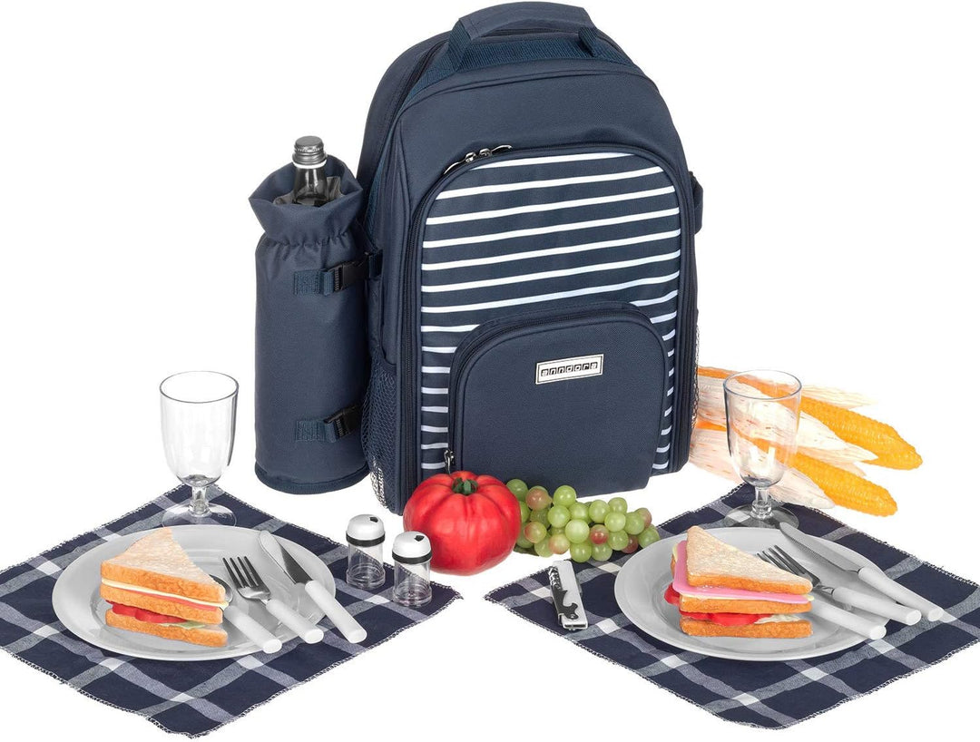 anndora Picknickrucksack mit Kühlfach blau weiss gestreift + Zubehör 15 teilig - 2 Personen Navy Bla