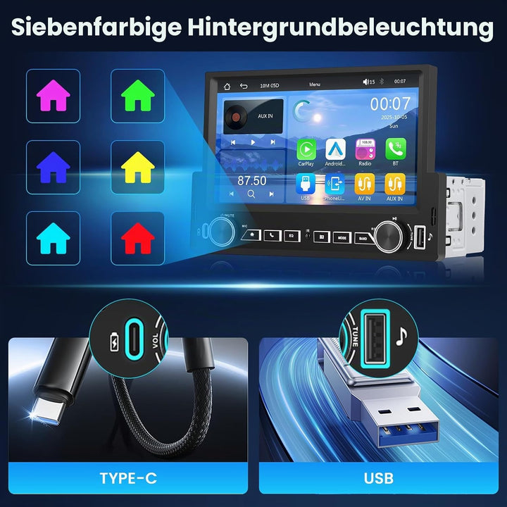 Hikity 1 Din Autoradio Carplay Android Auto Kabelgebundenes 7 Zoll Incell Touchscreen Bildschirm mit