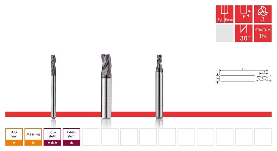 Dreizahnfräser Varius - STRATUM TN - d 6mm, D 6mm, SL 18mm, GL 60mm, d 6mm, D 6mm, SL 18mm, GL 60mm