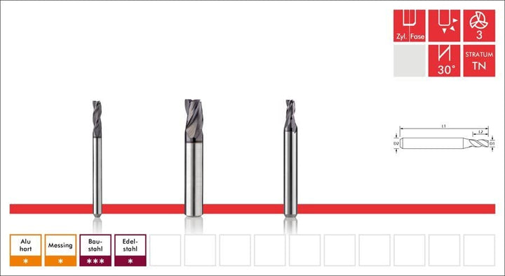 Dreizahnfräser Varius - STRATUM TN - d 6mm, D 6mm, SL 18mm, GL 60mm, d 6mm, D 6mm, SL 18mm, GL 60mm