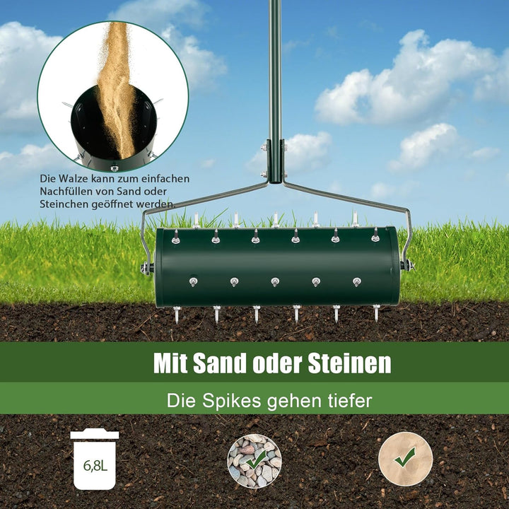 SOARS Rasenlüfter Walze, Rasenbelüfter mit 3,5cm Nägeln & Stiel, Handvertikutierer befüllbar, Garten