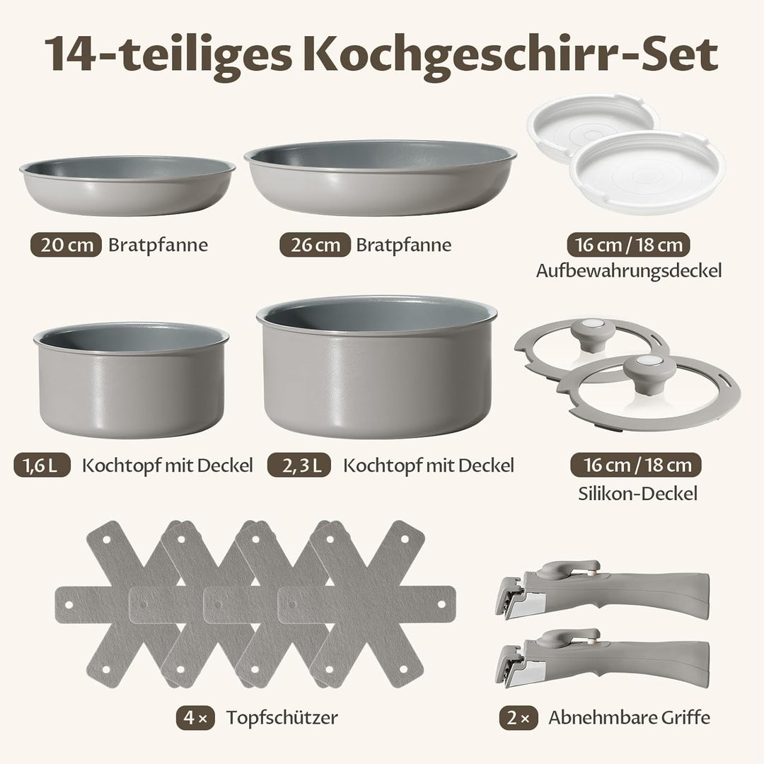 Keramik Topfset mit Abnehmbarer Griff, 14 Teilig Töpfe, Antihaft Pfannenset mit Deckel für Induktion