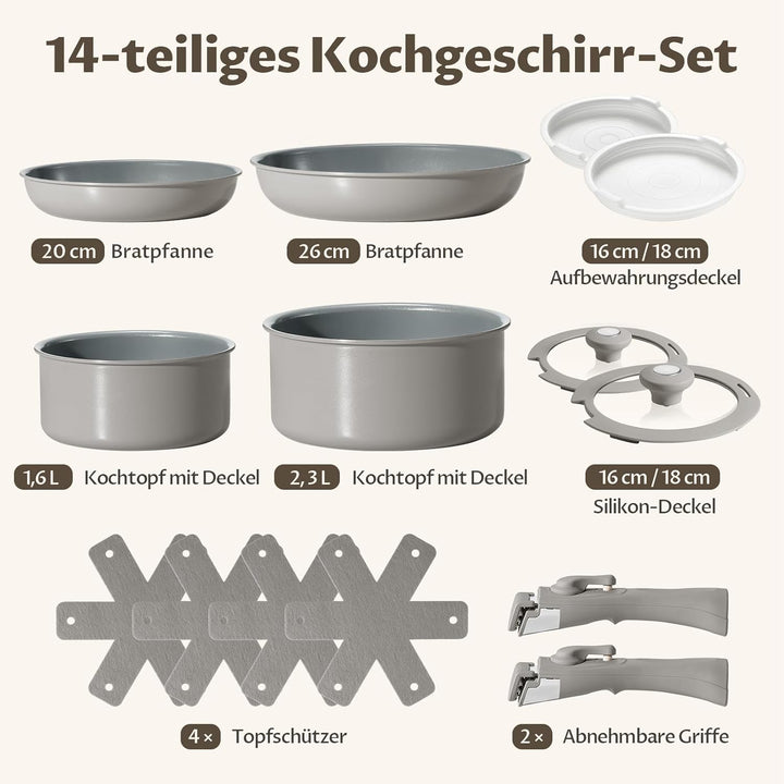 Keramik Topfset mit Abnehmbarer Griff, 14 Teilig Töpfe, Antihaft Pfannenset mit Deckel für Induktion