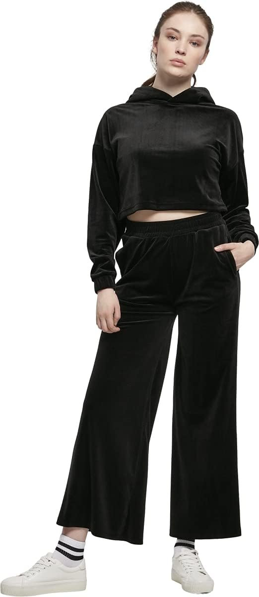 Urban Classics Damen Hoody kurzer Oversize Kapuzenpullover aus weichem Samtstoff, bauchfreier Kapuze