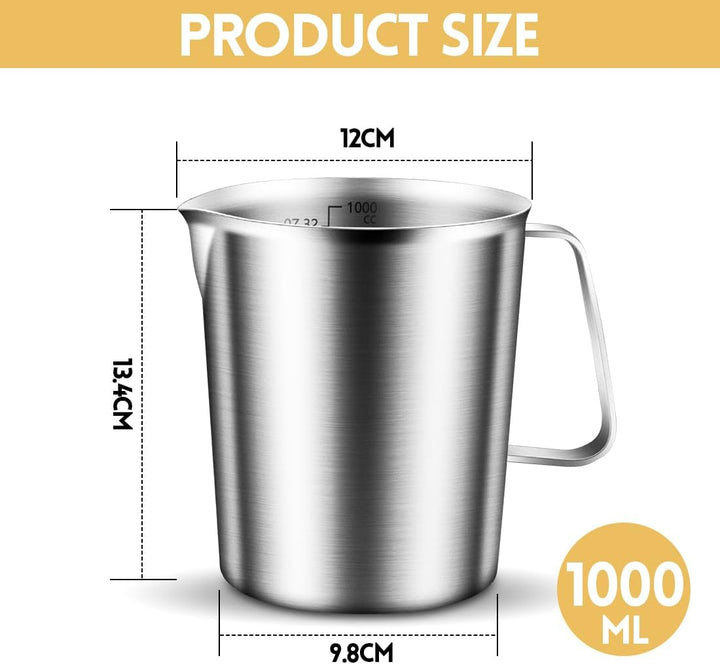 Messbecher Edelstahl 1L, Milchkännchen mit Markierung mit Griff, Messkanne Milk Pitcher, Milchaufsch