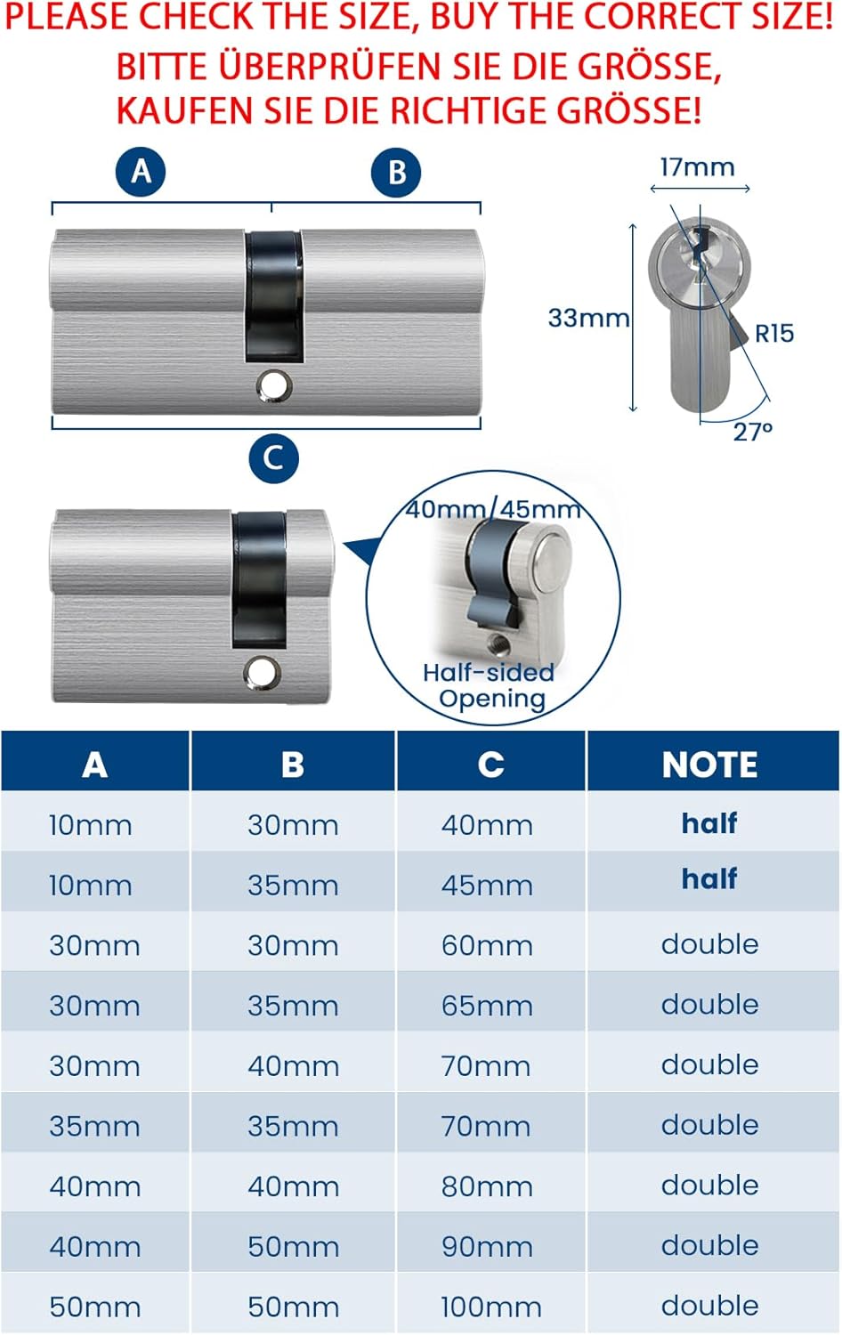 AceMining Schliesszylinder, 30/40mm Zylinderschloss mit 3 Schlüssel 2 Pack, 70mm Türzylinder, Schlie