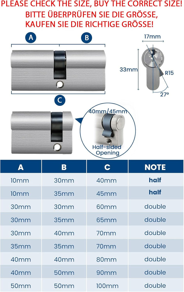 AceMining Schliesszylinder, 30/40mm Zylinderschloss mit 3 Schlüssel 2 Pack, 70mm Türzylinder, Schlie