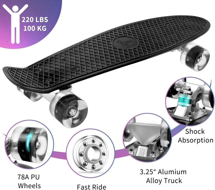 BELEEV Skateboard Komplette 22 Zoll Mini Cruiser Skateboard für Kinder Jugendliche Erwachsene, LED L