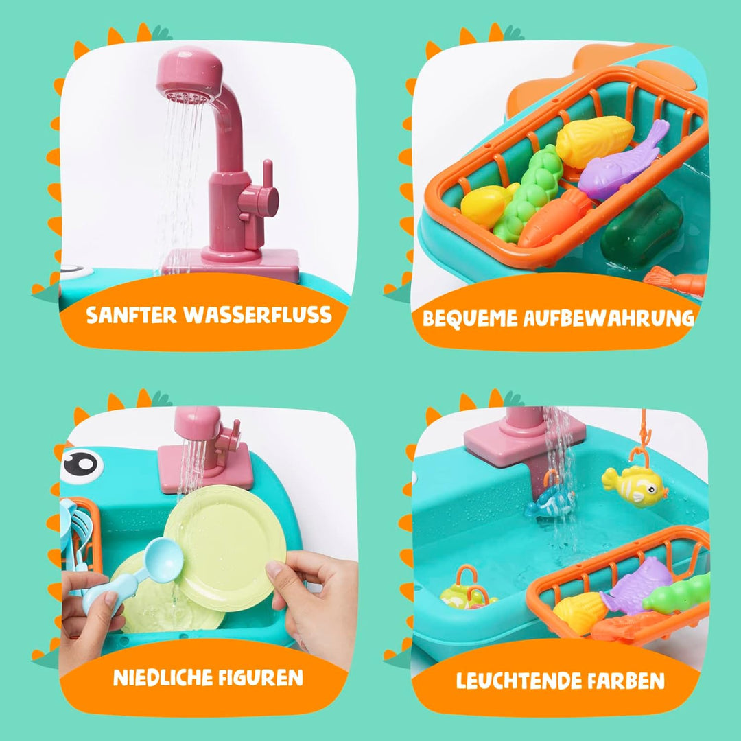 Küchenspüle Spielzeug Set mit Angelspiel Warmwasserhahn Farbwechsel Geschirr| Play Kochherd, Kochges