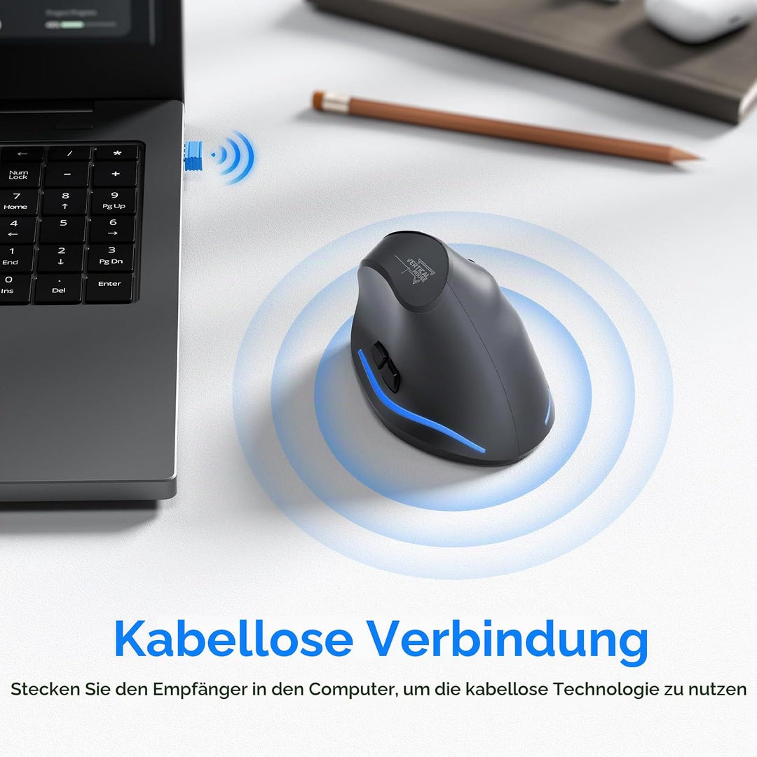 ECHTPower 2.4G Vertikale Ergonomische Maus Wireless, Wiederaufladbare kabellose Funkmaus Computermau