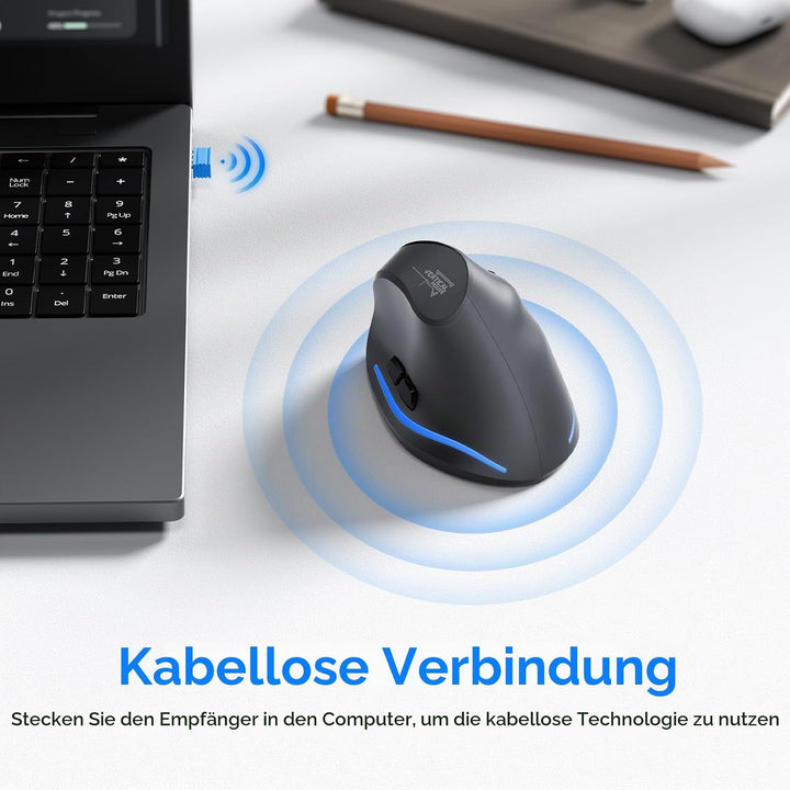 ECHTPower 2.4G Vertikale Ergonomische Maus Wireless, Wiederaufladbare kabellose Funkmaus Computermau