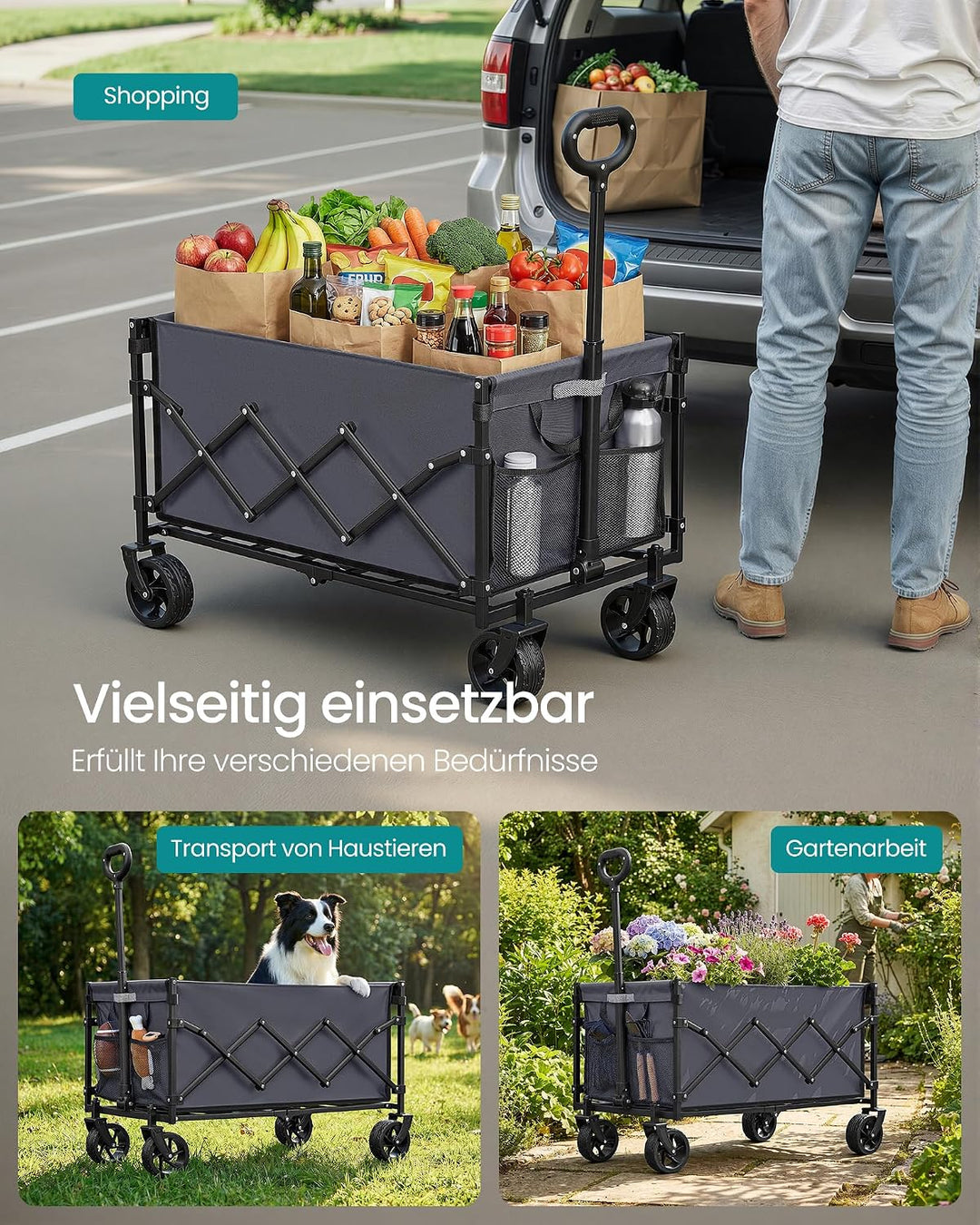 SONGMICS Kleiner Handwagen faltbar, Gartenwagen, kompakt, mit Griff | Mit 4 verstärkten Rollen, davo