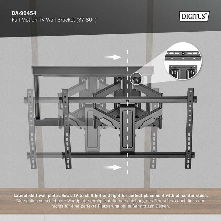 DIGITUS Full Motion TV-Wandhalterung 37-80" | 60 kg Belastung – Ausziehbar, schwenkbar, neigbar – In