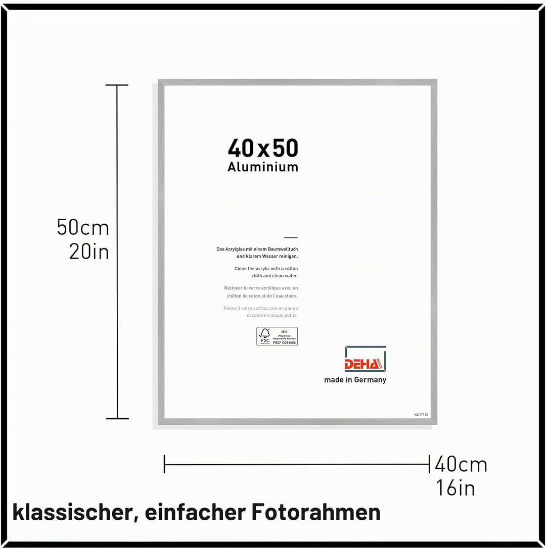 DEHA Design Bilderrahmen Tribeca, 40x50 cm, Aluminium Silber Matt, bruchsicheres Acrylglas, für Post