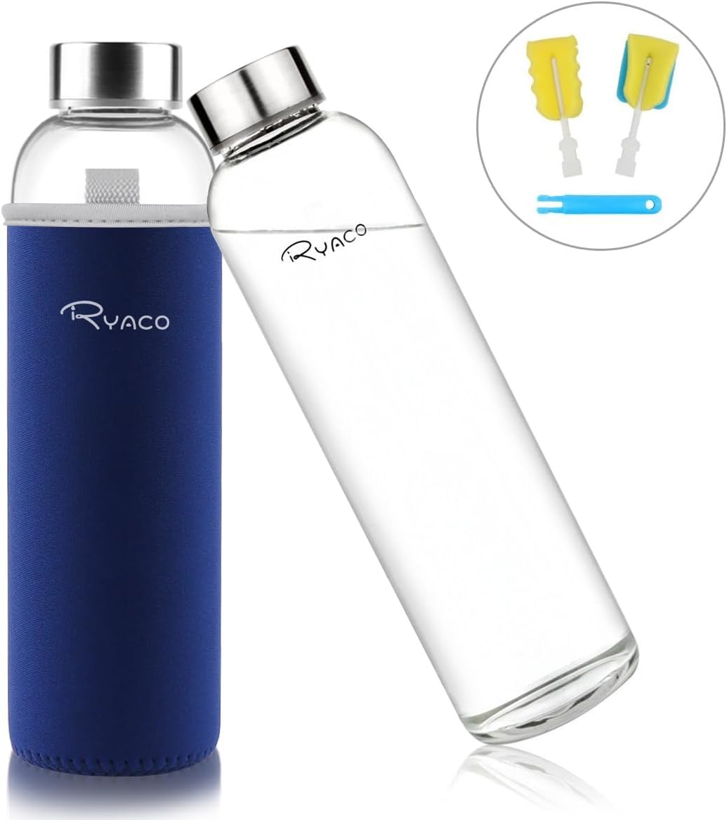Ryaco Trinkflasche aus Glas 550ml/750ml/1000ml/1L,Glasflasche mit Neoprenhülle,Glastrinkflasche mit