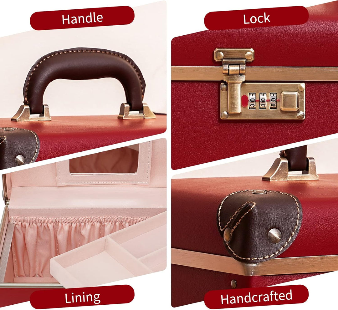urecity Vintage Leder Kosmetikkoffer mit Spiegel - Hartschale Schminkkoffer für Damen, Reise Make-up