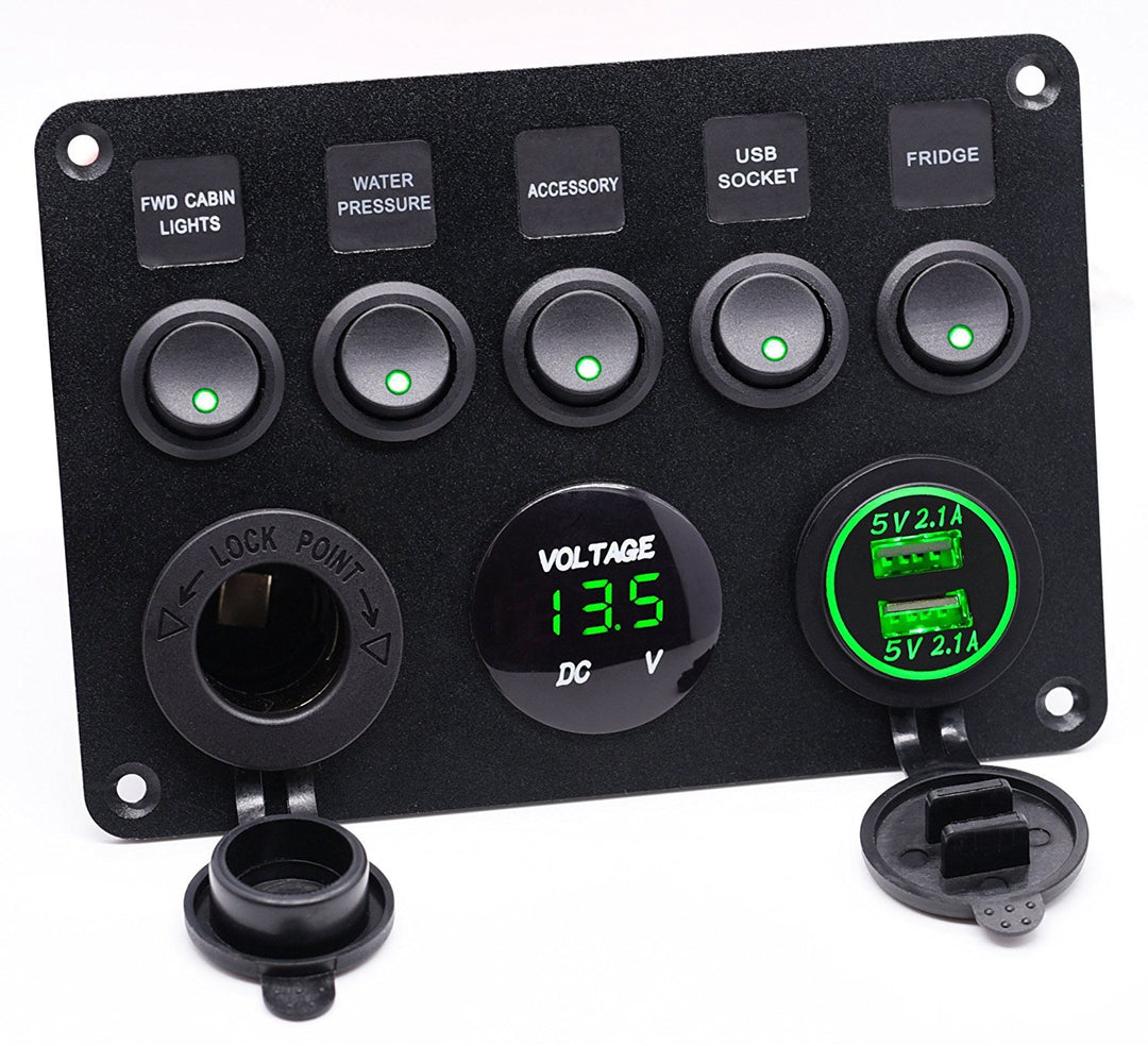 Etrogo 5 Gang Kippschalter Panel mit Dual USB Steckdose ät 4.2A + Wasserdicht LED Voltmeter +Zigaret