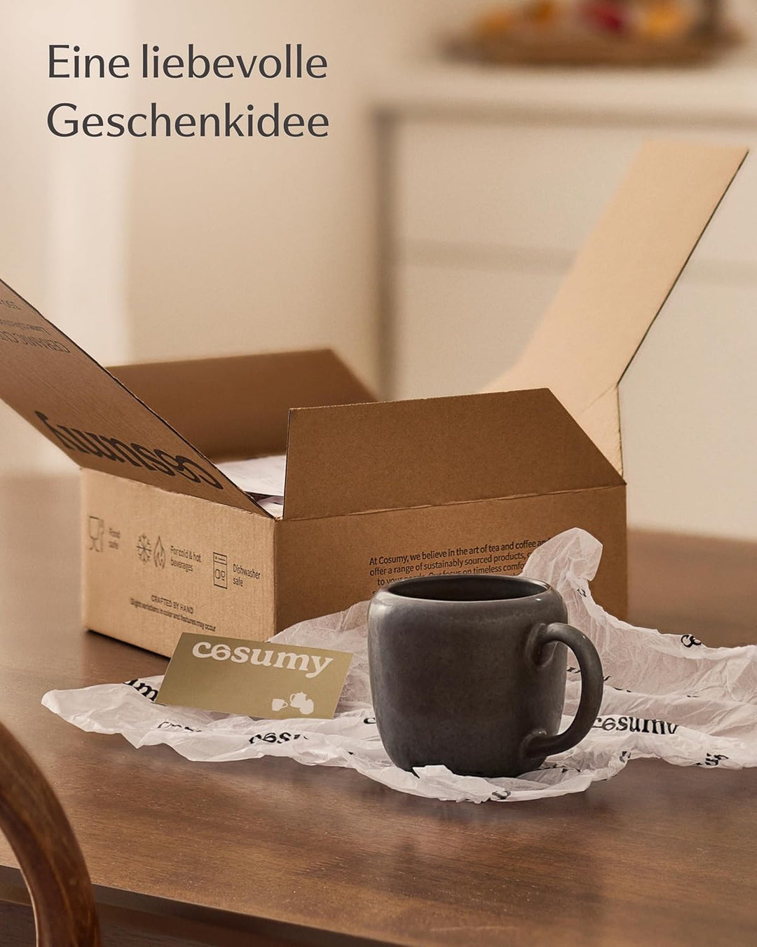 Cosumy 4er Kaffeetassen Set Schwarz – 350 ml Kaffeebecher – Dickwandiges Steingut Geschirr, das Lang