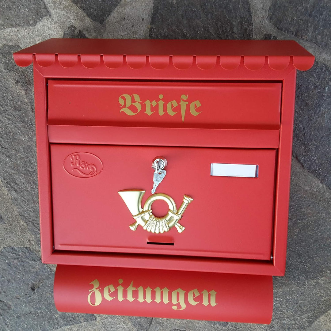 Grosser Briefkasten/Postkasten XXL Rot matt mit Zeitungsrolle Flachdach Katalogeinwurf Zeitungsfach