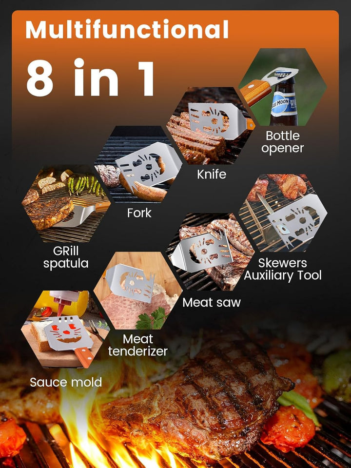 Landrip Grillspachtel für Barbecue, 8 in 1 Grillbesteck mit Holzgriff, Edelstahl，Multifunktionales G