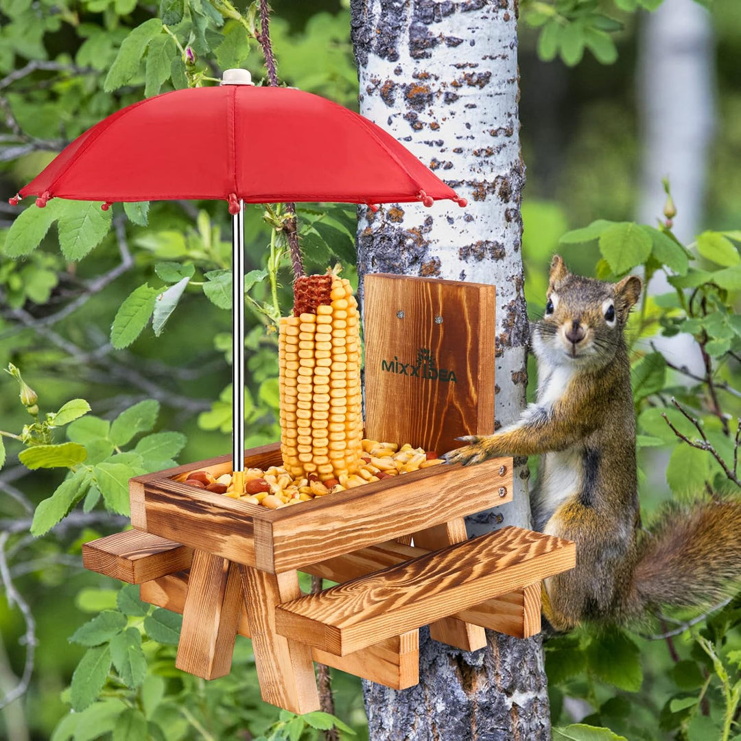 MIXXIDEA Eichhörnchen-Futterstation aus Holz mit Regenschirm, Eichhörnchen-Picknicktisch für drausse