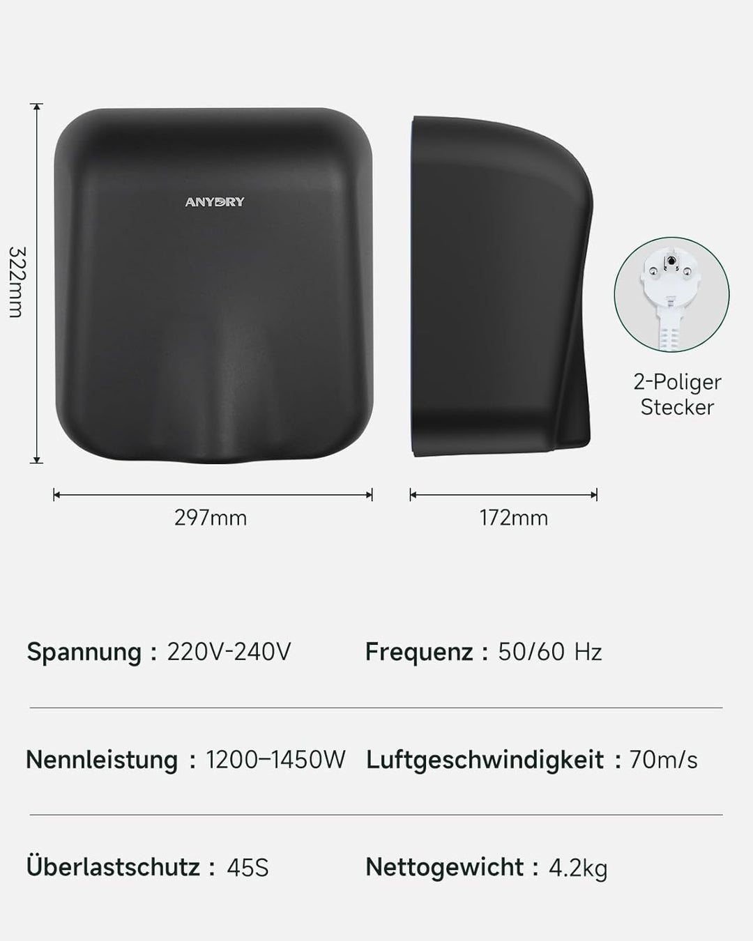 anydry IronStorm 2815 Gewerblicher Händetrockner mit HEPA-Filter - 1600W berührungsloser Sensor, 7-1