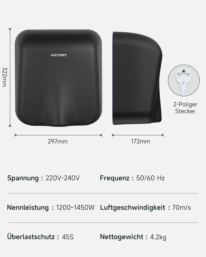 anydry IronStorm 2815 Gewerblicher Händetrockner mit HEPA-Filter - 1600W berührungsloser Sensor, 7-1