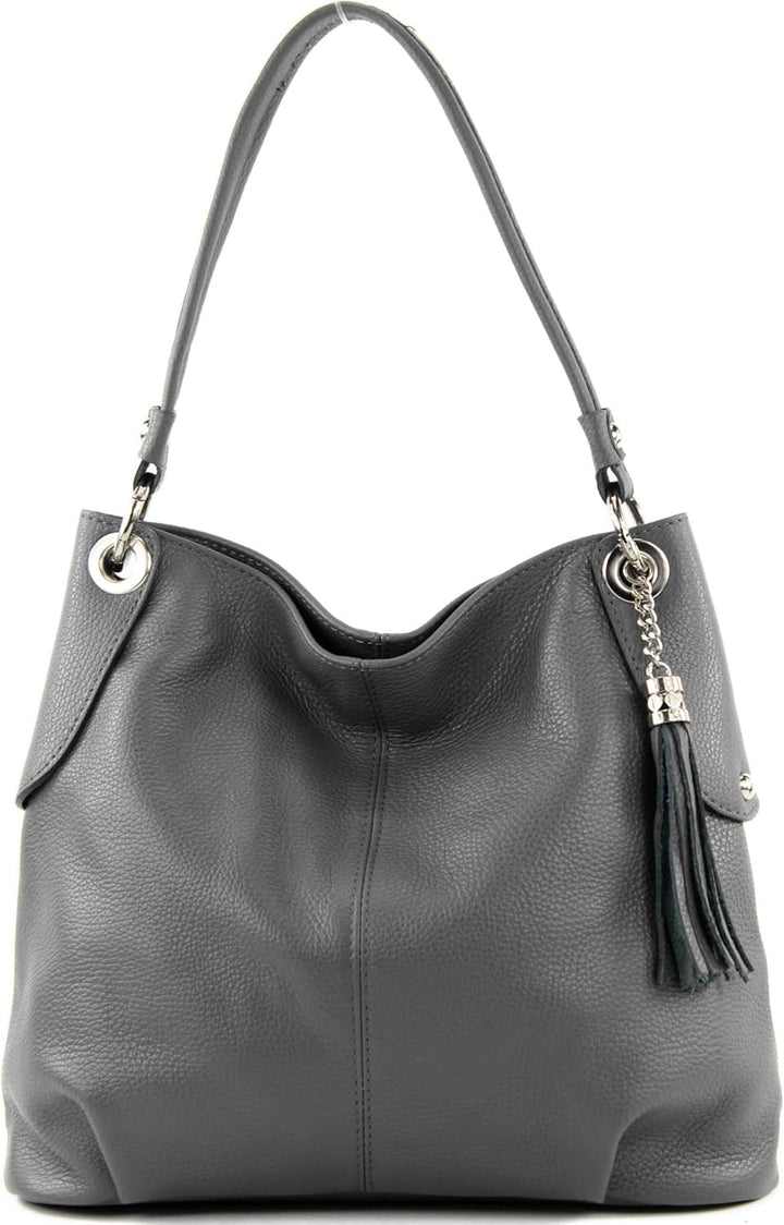 modamoda de - T185 - ital. Damen Schultertasche aus Leder Graphitgrau, Graphitgrau