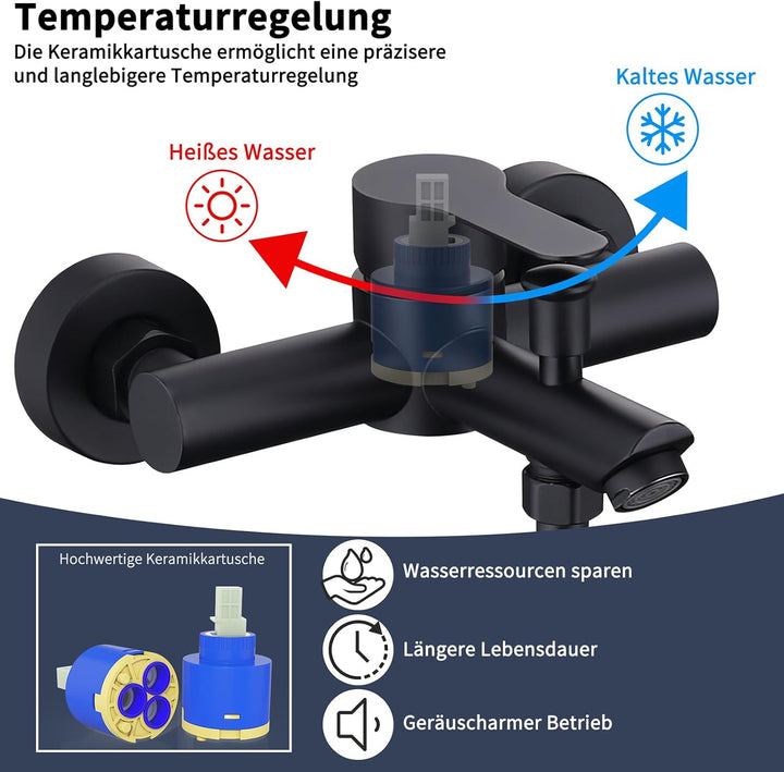 HOMELODY Badewannenarmatur mit Duschsystem, Schwarz Handbrause mit 4 Funktionen, 360° drehbarer Ausl