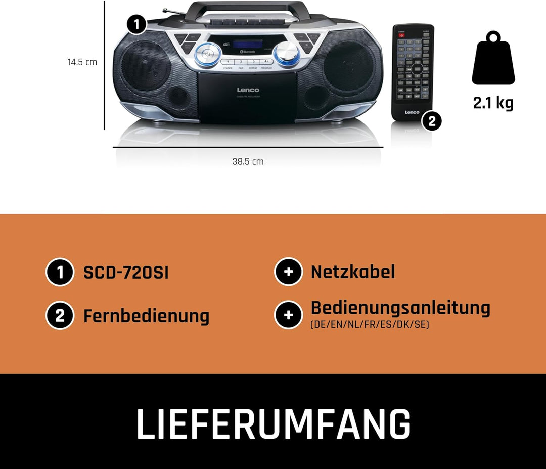 Lenco SCD-720 - Boombox DAB+ - Bluetooth 5.0 - Toploader CD/MP3-Player - Kassettendeck - FM Radio -