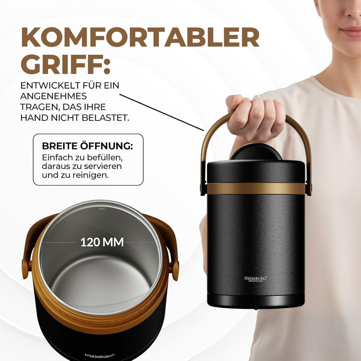 HEEMBURG 2L Thermobehälter Brotdose Edelstahl isolierter Behälterbehälter für warmes Geschirr, Mahlz