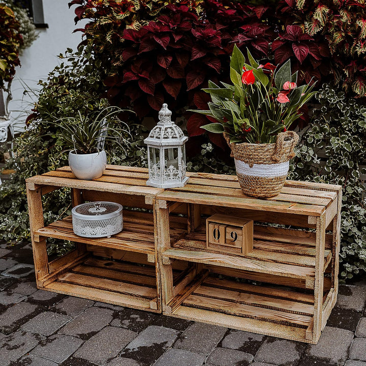 GrandBox Geflammte Holz-Kiste 50x40x30cm 2er Set, mit Mittelbrett, Wein-Kiste, Obst-Kiste, Kaminholz