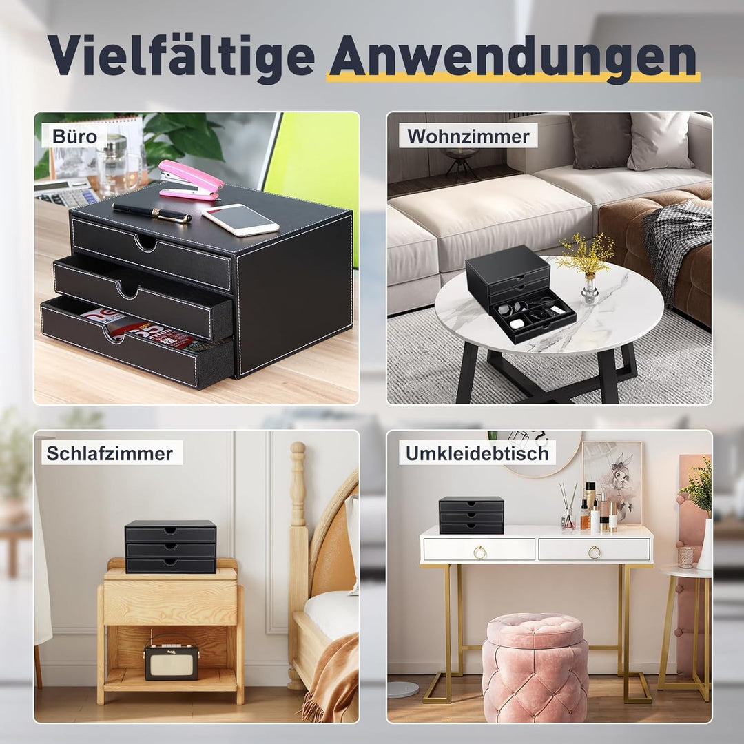 Desktop Leder Schreibtisch Schubladenbox mit 3 Schubladen a4,PU-Leder Schreibtisch organizer Box bür