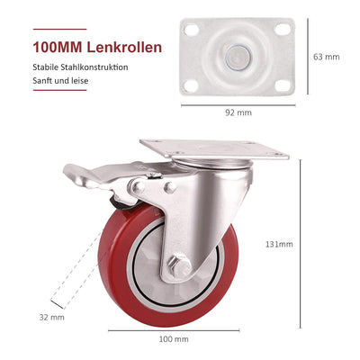 BAOLIHUI 4er Set Lenkrollen für Möbel 100MM Möbelrollen mit Bremse Schwerlastrollen 600kg Rot Rollen