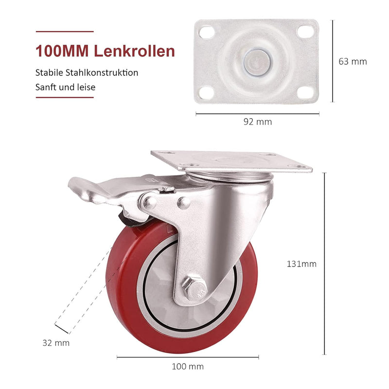 BAOLIHUI 4er Set Lenkrollen für Möbel 100MM Möbelrollen mit Bremse Schwerlastrollen 600kg Rot Rollen