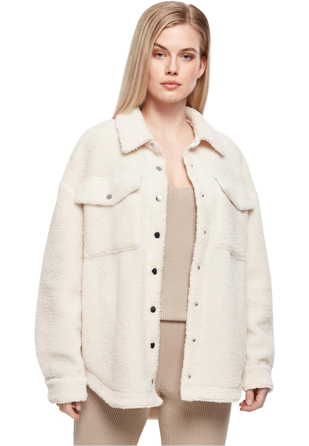 Urban Classics Damen Ladies Sherpa Overshirt Hemd 5XL Whitesand, 5XL Whitesand