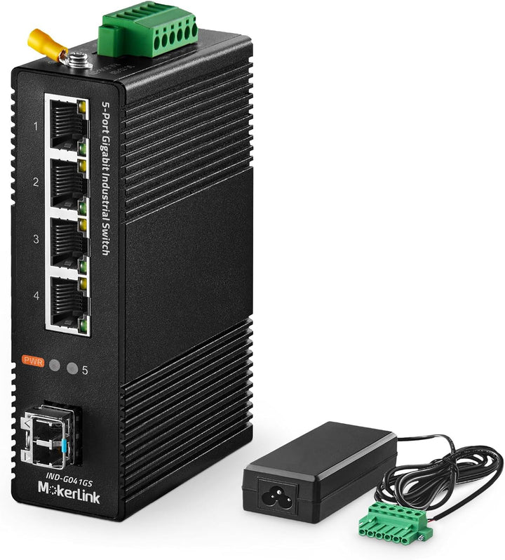 MokerLink 5 Port Gigabit Industrie DIN Schienen Netzwerk Switch, 4 Gigabit Ethernet, 1 Gigabit SFP S