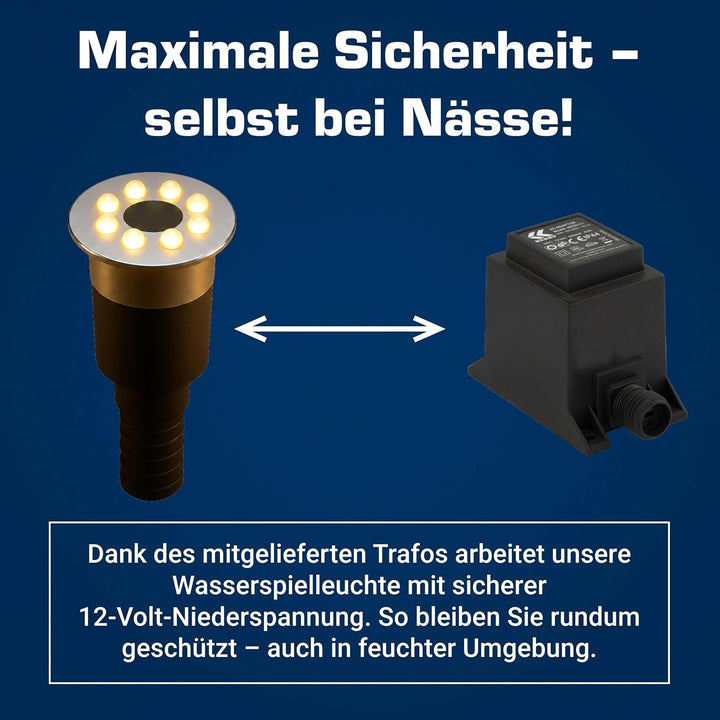 Wasserspielleuchte warmweiss, inkl. Trafo, 0,6 Watt, IP68, 12V, 103 LUX, 650 cm Kabel, 8 LED, LED Ri