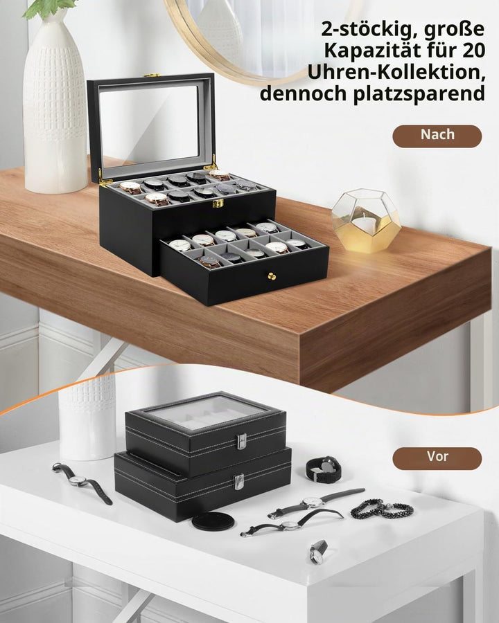 Uten Uhrenbox Holz mit 20 Fächern, Uhrenkasten Herren Damen schwarze Aufbewahrungsbox Holz E- Für 20