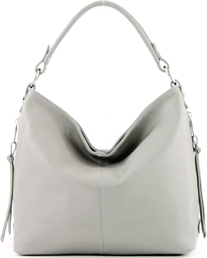 modamoda de T160 Damen Leder Schultertasche Gross, handmade in Italy Hellgrau, Hellgrau