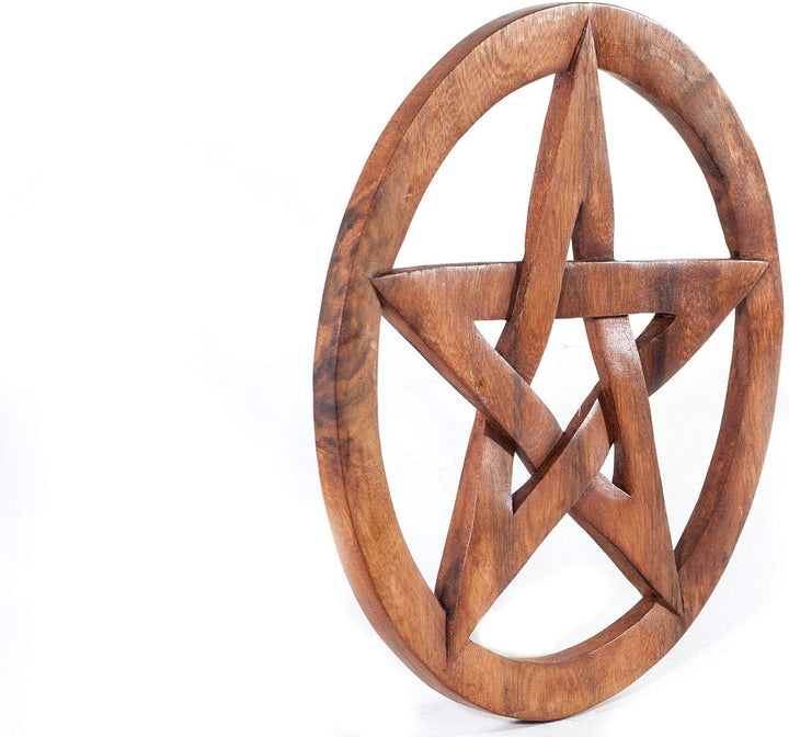 Windalf Grosses Schutz Holzskulptur SALUR Ø 30 cm Wunsch Pentagramm im Kreis Holzrelief Handarbeit
