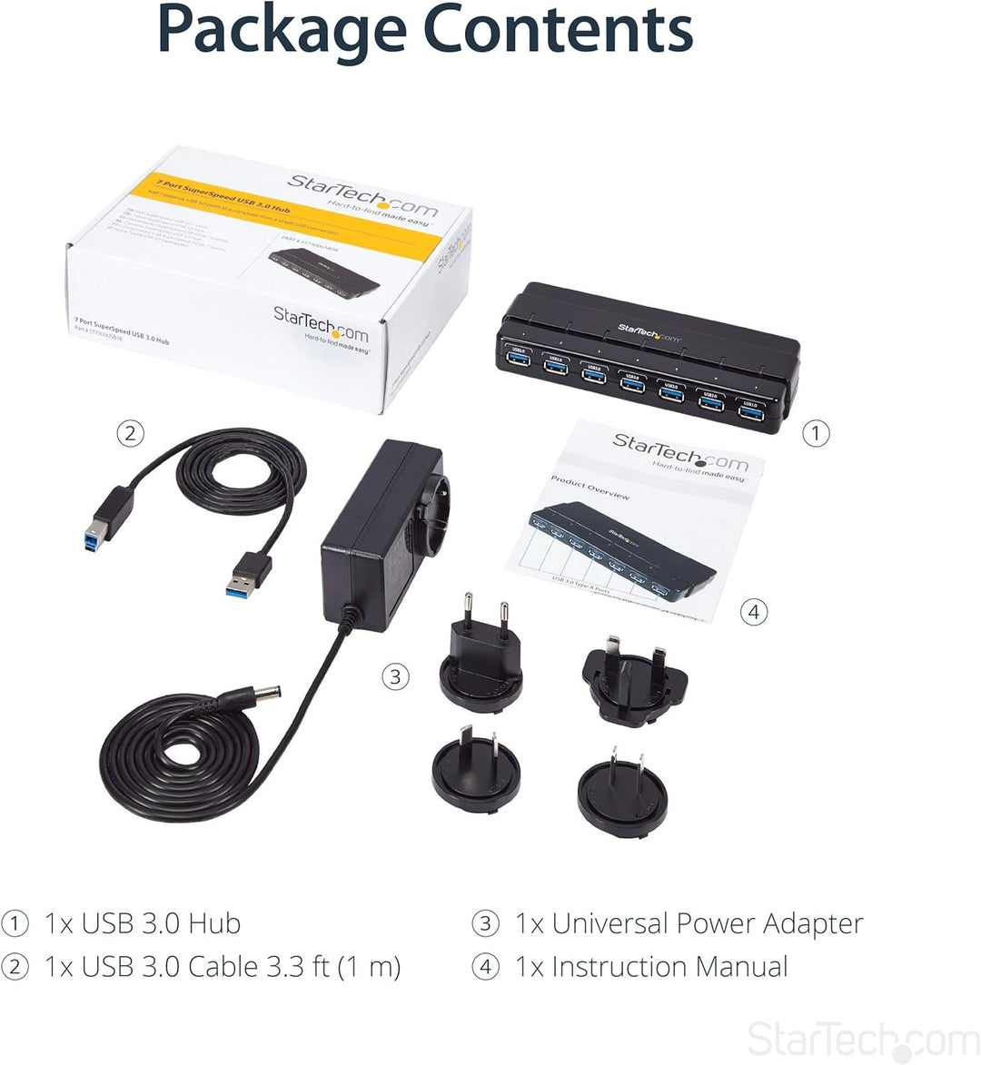 StarTech.com 7 Port USB 3.0 SuperSpeed Hub - USB 3 Hub Netzteil / Stromanschluss und Kabel - Schwarz
