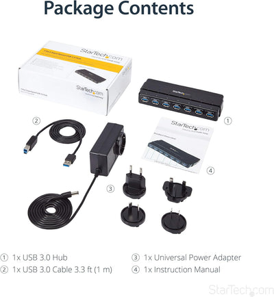 StarTech.com 7 Port USB 3.0 SuperSpeed Hub - USB 3 Hub Netzteil / Stromanschluss und Kabel - Schwarz